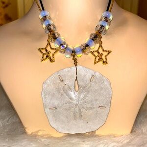 Sand Dollar with Crystals and Fairy Charms Necklace Handcrafted